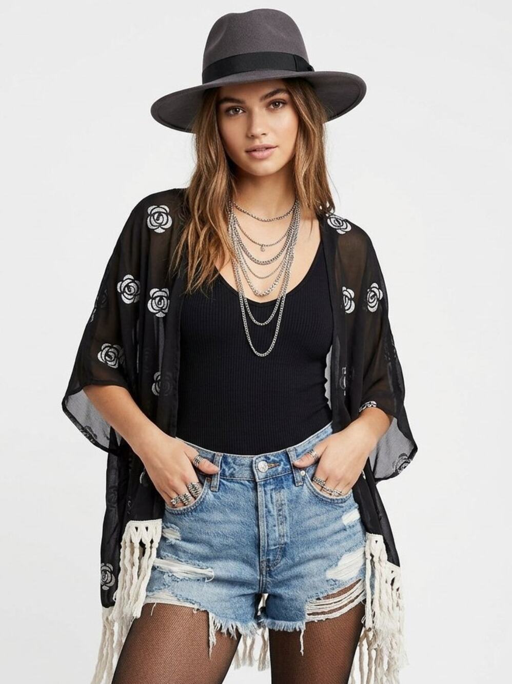 Vintage Mudd Sheer Black Kimono Cardigan with Rose Embroidery & Boho Fringe